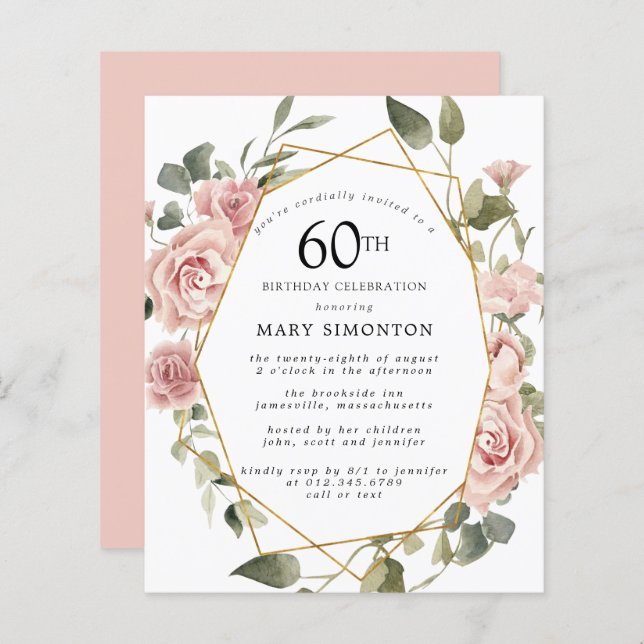 Budget Pink Floral 60th Birthday Invitation (Front/Back)