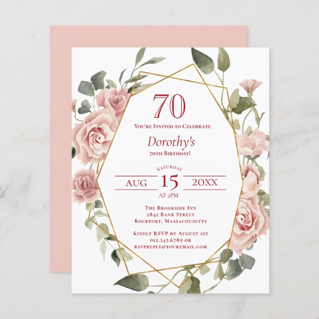 Budget Pink Floral 70th Birthday Invitation (Front/Back)