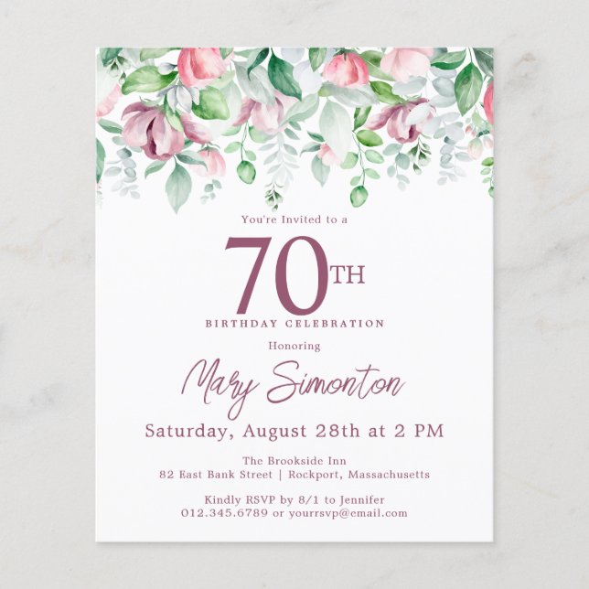 Budget Pink Floral 70th Birthday Invitation (Front)