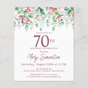 Budget Pink Floral 70th Birthday Invitation