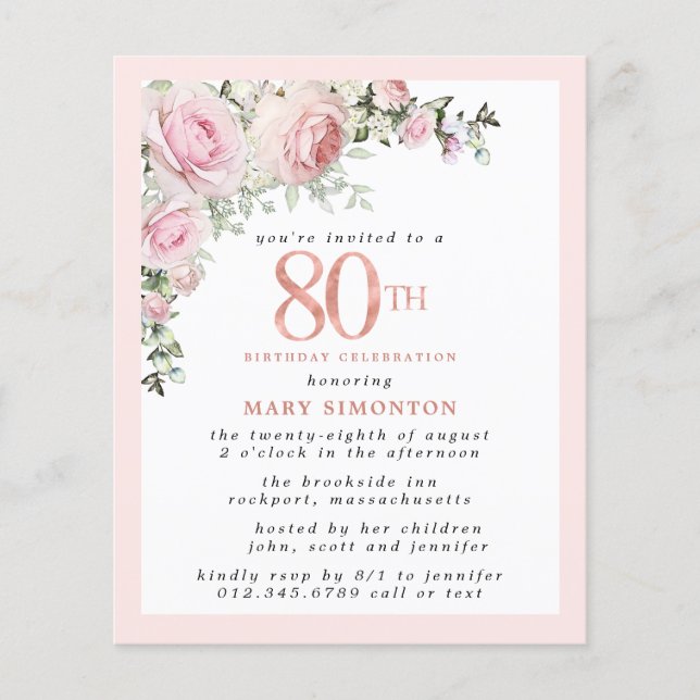 Budget Pink Floral 80th Birthday Invitation (Front)