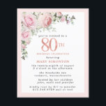 Budget Pink Floral 80th Birthday Invitation<br><div class="desc">Soft blush pink frame with an elegant pink rose floral arrangement in the upper left corner. 80th is written in a beautiful rose gold texture. Pretty and feminine design.</div>