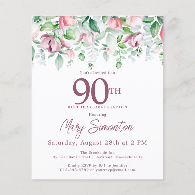 Budget Pink Floral 90th Birthday Invitation (Front)