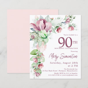 Budget Pink Floral 90th Birthday Invitation