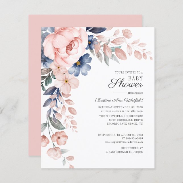 Budget Pink Floral Baby Shower Script Invitation (Front/Back)