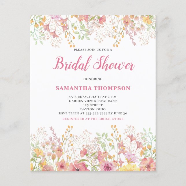 Budget Pink Floral Bridal Shower Invitation (Front)