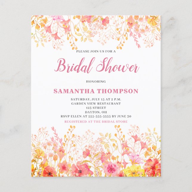 Budget Pink Floral Bridal Shower Invitation Flyer (Front)