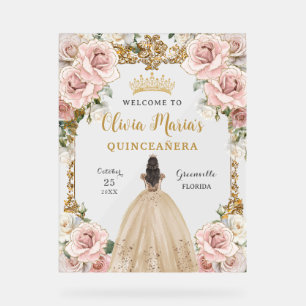 Budget Pink Floral Champagne Gown Quinceañera Acrylic Sign