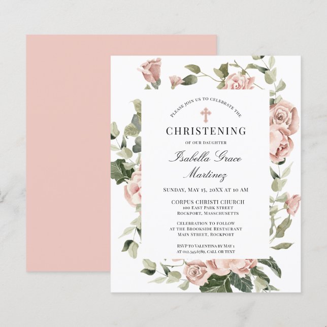 Budget Pink Floral Cross Christening Invitation (Front/Back)
