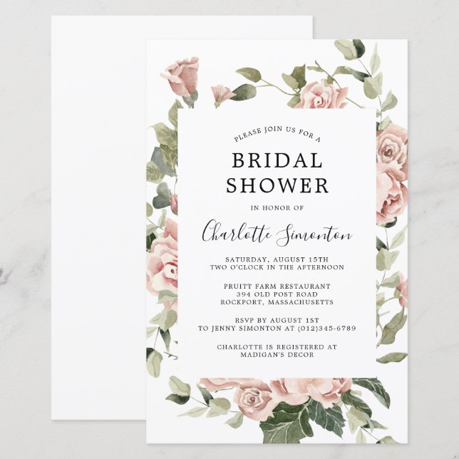 Budget Pink Floral Eucalyptus Bridal Shower Invite (Front/Back)