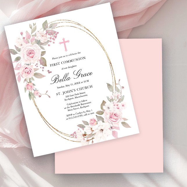 Budget Pink Floral First Holy Communion Invitation (Creator Uploaded)