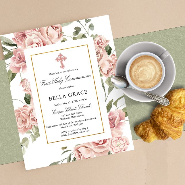 Budget Pink Floral First Holy Communion Invitation Flyer (Creator Uploaded)