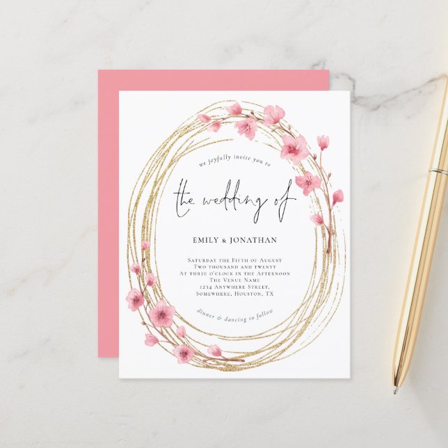 Budget Pink Floral Frame Script Wedding Invitation (Front/Back In Situ)