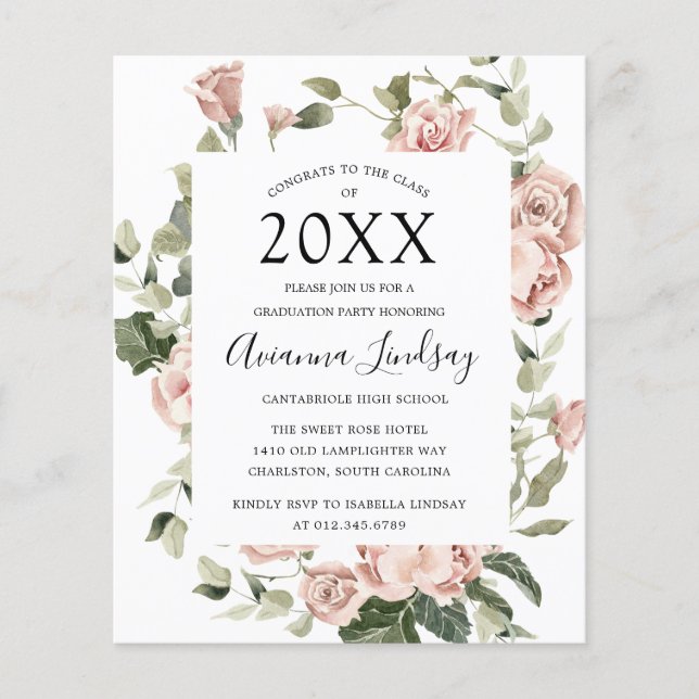 Budget Pink Floral Graduation Party Invitation Flyer (Front)