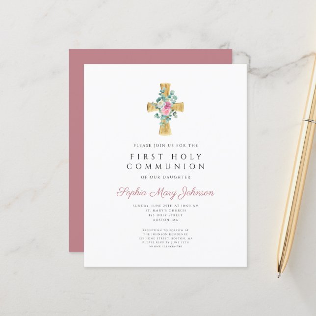 Budget Pink Floral Peonies Cross First Communion (Front/Back In Situ)