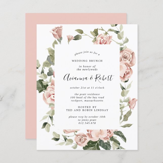 Budget Pink Floral Post Wedding Brunch Invitation (Front/Back)