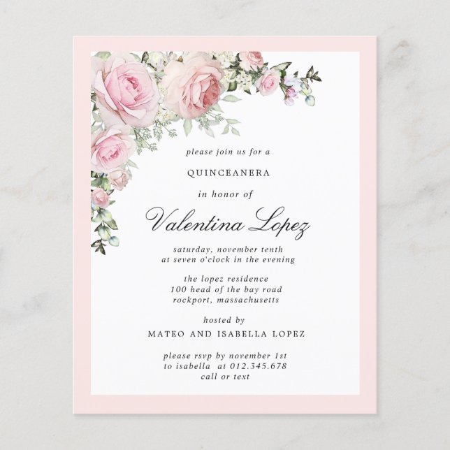 Budget Pink Floral Quinceanera Party Invitation (Front)