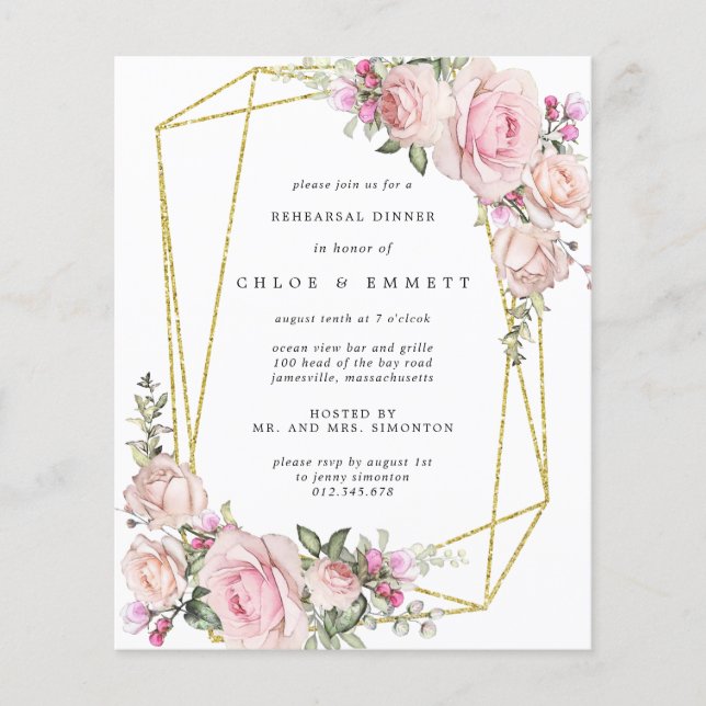 Budget Pink Floral Rehearsal Dinner Invitation (Front)