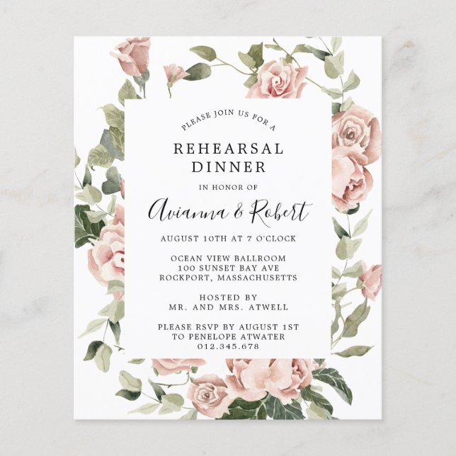 Budget Pink Floral Rehearsal Dinner Invitation Flyer (Front)