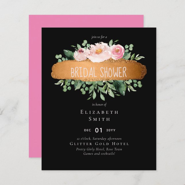 Budget Pink Floral Rose Gold Glitter Look Wedding (Front/Back)