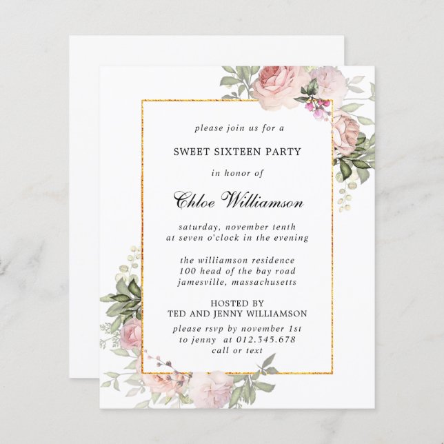 Budget Pink Floral Sweet 16 Party Invitation (Front/Back)