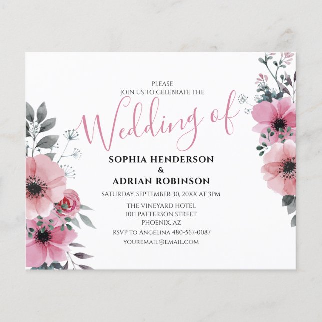 Budget Pink Floral Wedding Invitations (Front)