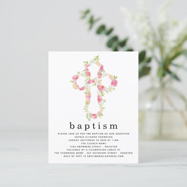 Budget Pink Florals Cross Baptism Invitation (Standing Front)