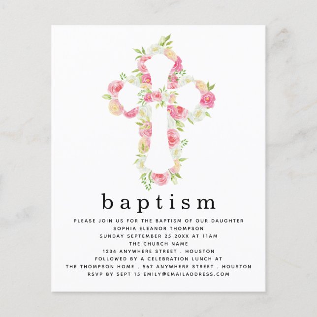 Budget Pink Florals Cross Baptism Invitation Flyer (Front)