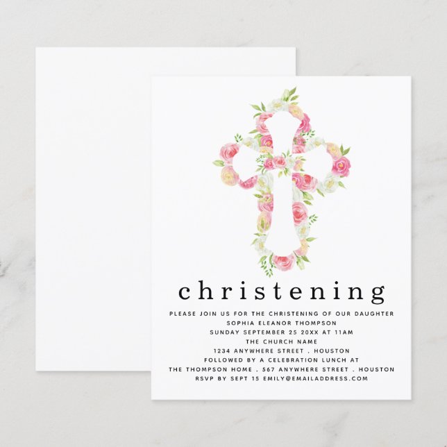 Budget Pink Florals Cross Christening Invitation (Front/Back)
