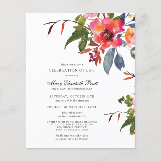 Budget Pink Flower Celebration of Life Invite (Front)