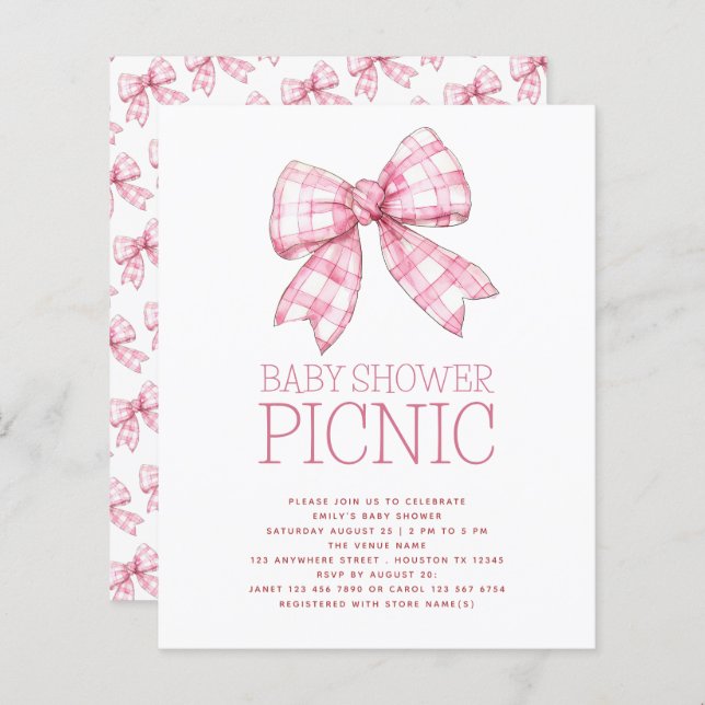 Budget Pink Gingham Bow Baby Shower Picnic (Front/Back)
