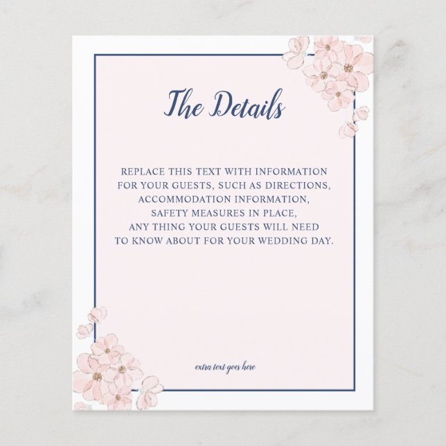 BUDGET  Pink Glitter Navy Floral Wedding DETAILS (Front)