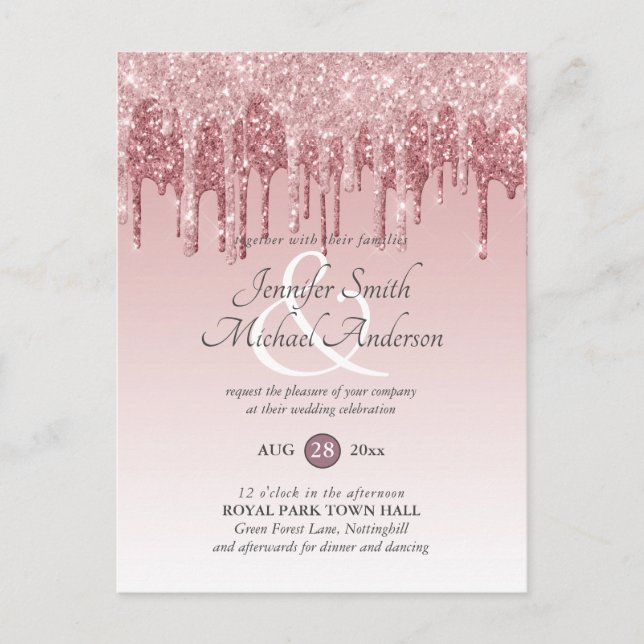 Budget Pink GlITTER Rose Gold WEDDING INVITATION Postcard (Front)