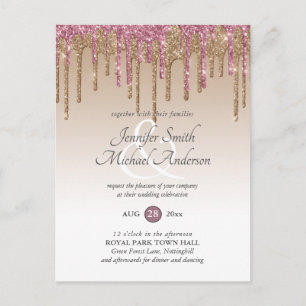 Budget Pink GlITTER Rose Gold WEDDING INVITATION Postcard