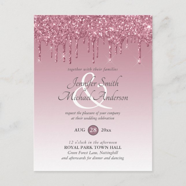 Budget Pink GlITTER Rose Gold WEDDING INVITATION Postcard (Front)