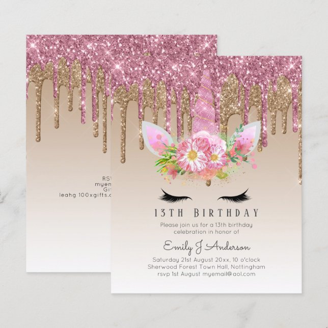 BUDGET Pink Glitter Unicorn Girls Birthday Invites (Front/Back)