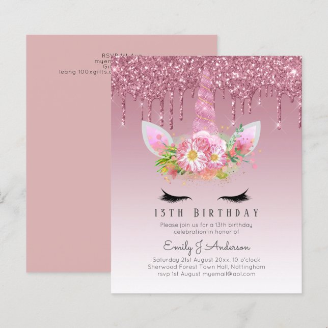 BUDGET Pink Glitter Unicorn Girls Birthday Invites (Front/Back)