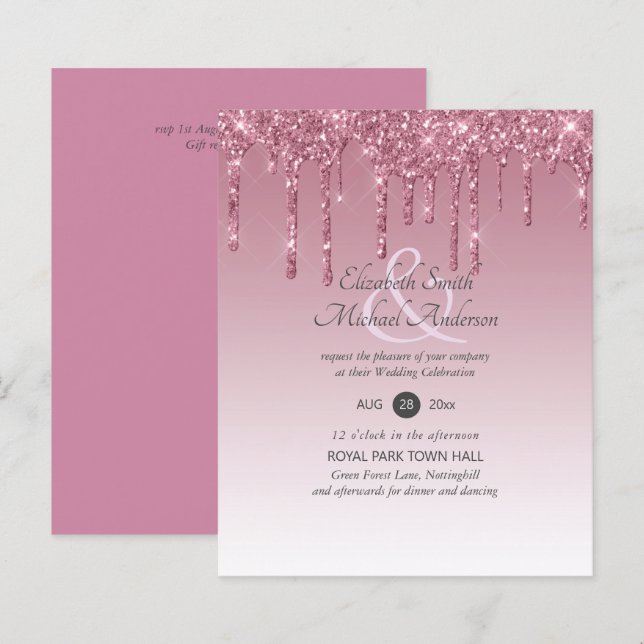 BUDGET Pink Glitter Wedding Invitations (Front/Back)