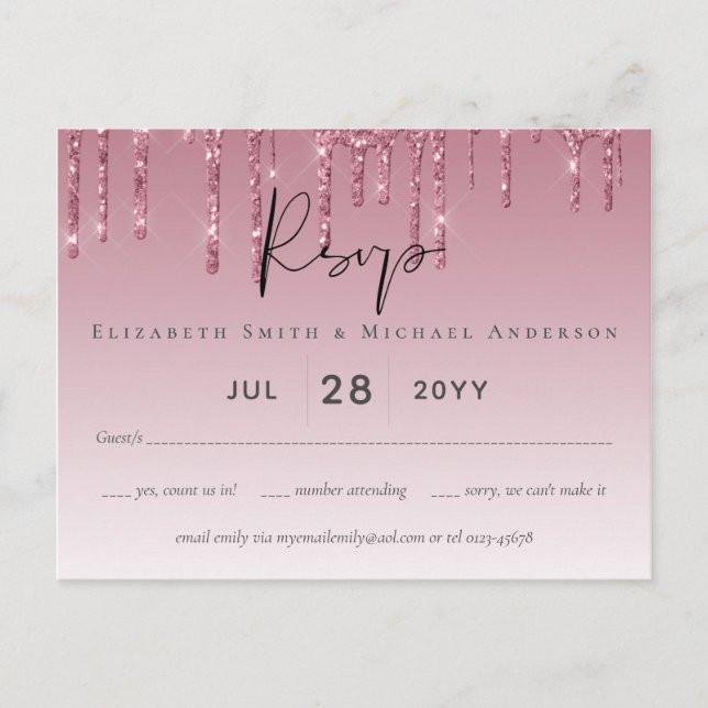 BUDGET Pink Glitter Wedding RSVP Postcard (Front)