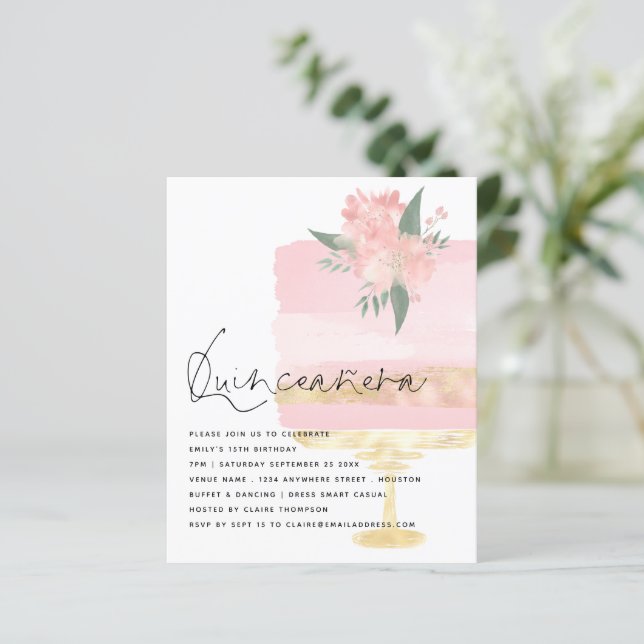 Budget Pink Gold Birthday Cake Quinceanera Invite (Standing Front)