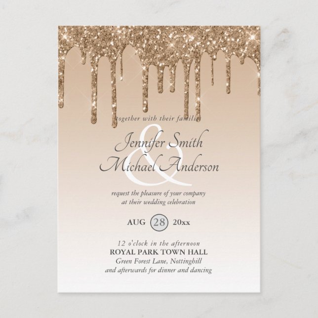 Budget Pink Gold Glitter Dripping WEDDING INVITE Postcard (Front)