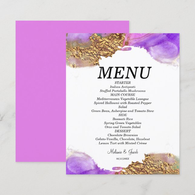 Budget Pink Gold Purple Ink Flat Menu card (Front/Back)