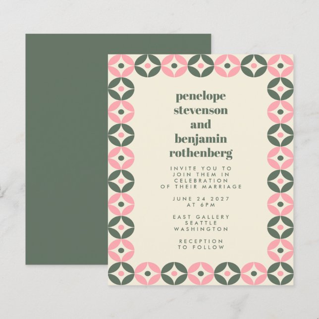 Budget Pink Green Mid Mod Geometric Wedding Invite (Front/Back)