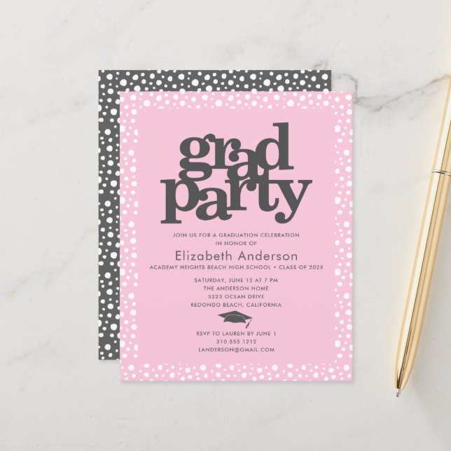 Budget pink grey grad cap bold girly party invite (Front/Back In Situ)