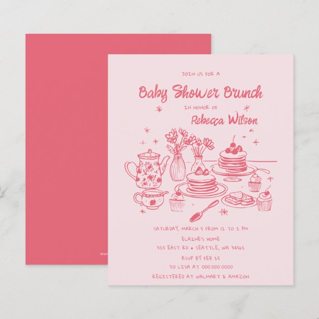 Budget Pink Hand Drawn Girl Baby Shower Brunch (Front/Back)