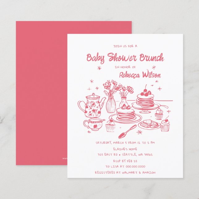 Budget Pink Hand Drawn Girl Baby Shower Brunch (Front/Back)