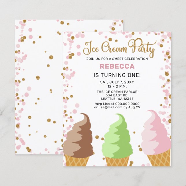 Budget Pink Ice cream party Birthday invitation (Front/Back)