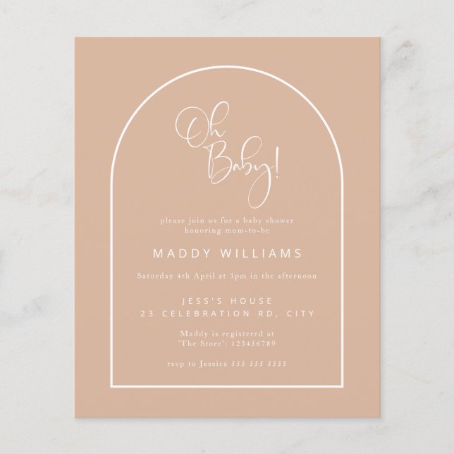 Budget Pink Minimalist Script Arch Oh Baby Shower (Front)