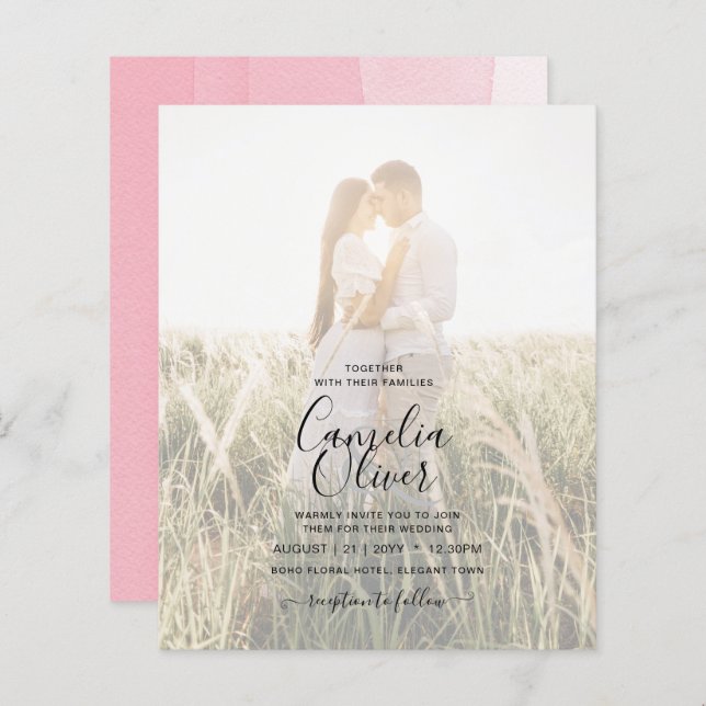 BUDGET Pink Ombre PHOTO OVERLAY Wedding Invites (Front/Back)