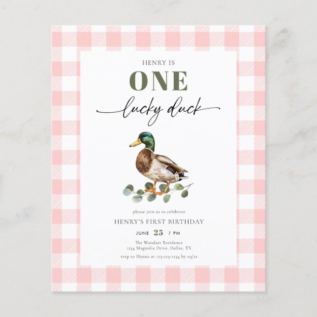 Budget Pink One Lucky Duck Girl 1st Birthday (Front)